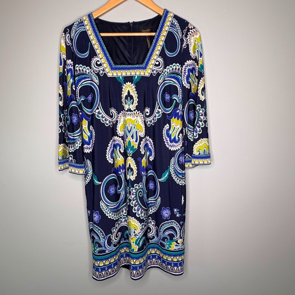 Laundry by Shelli Segal Womens 4 Retro Paisley Shift Dress 3/4 Sleeve Navy Blue